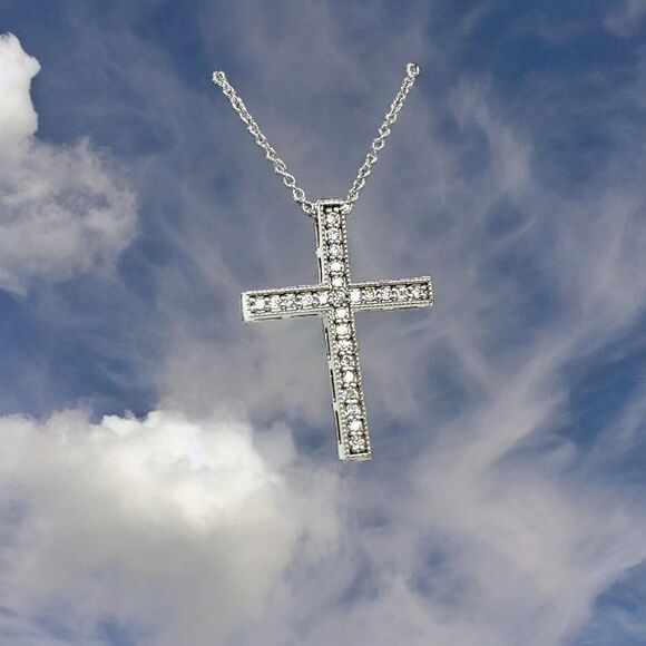 Natural Diamond Cross Pendant with Chain 17" 14k W Gold 0.25 CT Certified 307922 - Picture 9 of 15